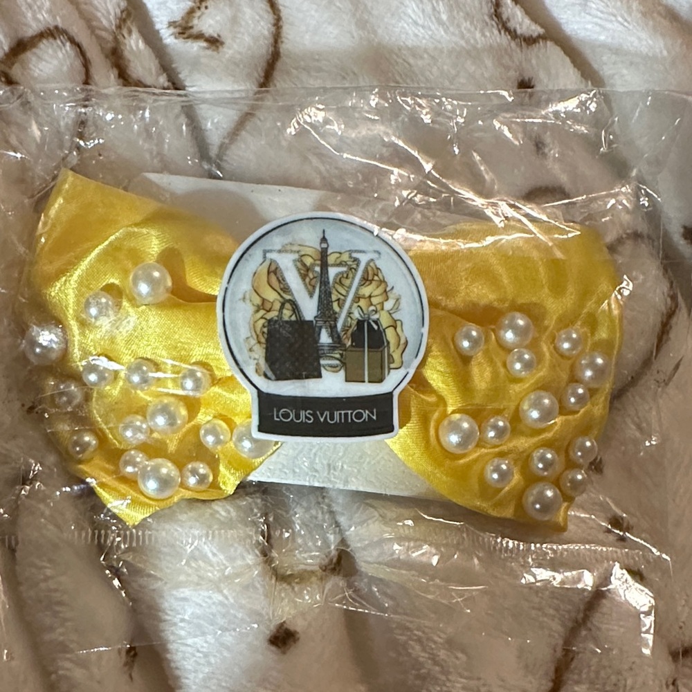 Yellow Hair Bow with Pearls. Homemade